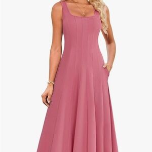 NWT Grace Karin Pink Square Neck Sleeveless A Line Midi Sundress w Pockets Sz L
